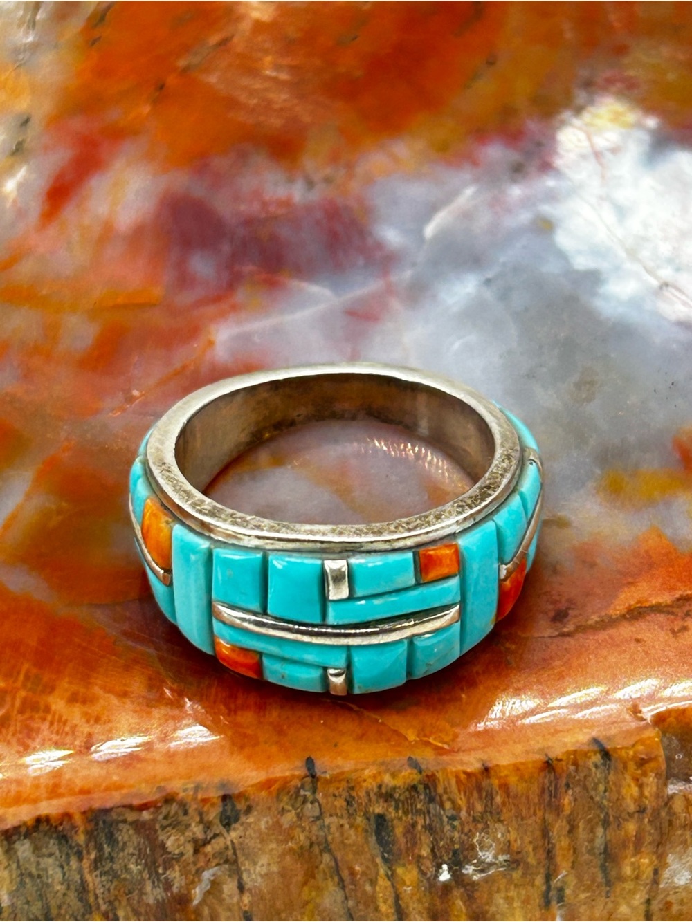 Southwest Turquoise and Coral Inlay Ring, sterling silver - Size 9 - Picture 2 of 7